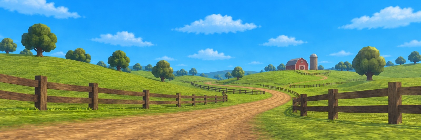 A sunny farm with green hills, wooden fences and a dirt road