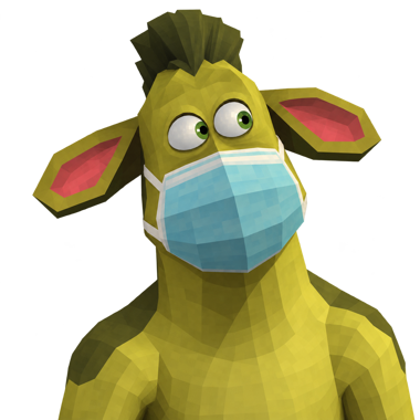 The green cow with a tuft of hair, looking sideways over her mask