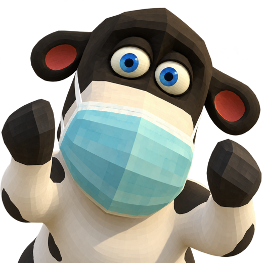 The black and white cow in a pale blue surgical mask, hooves up, staring into the camera in alarm