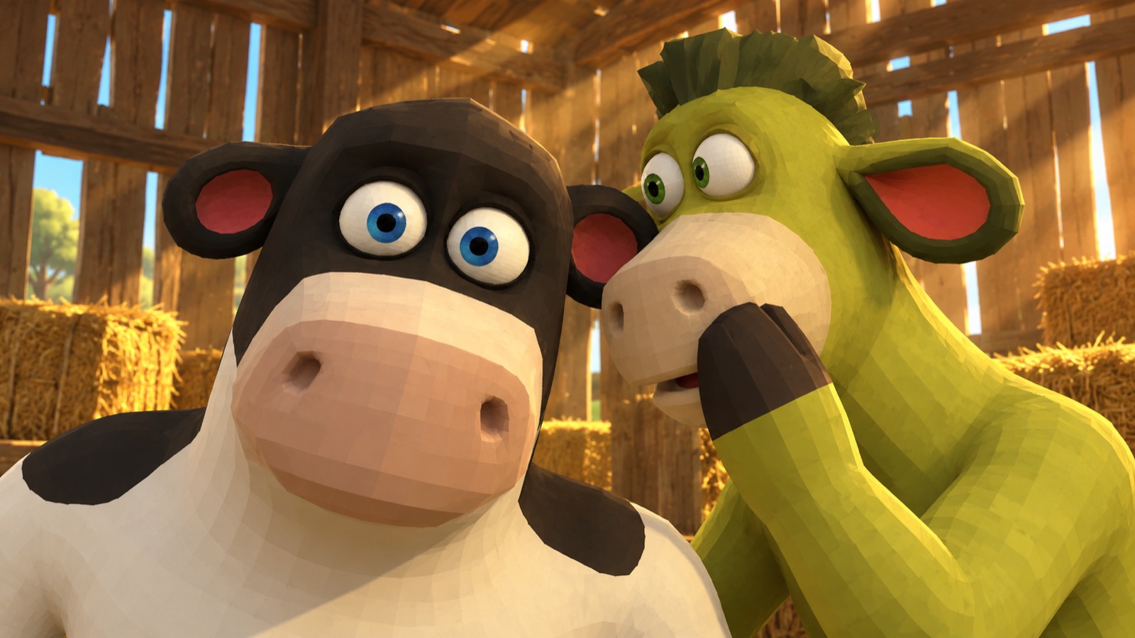 In the barn the green cow whispers into the ear of the black and white cow, whose eyes go wide